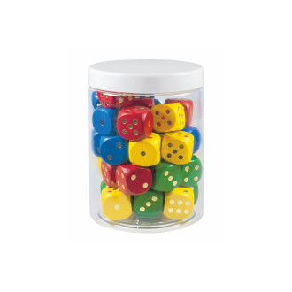 Hrací kostka barevná dřevo společenská hra 25mm 34 ks v plastové dóze 10x14cm 12m+
