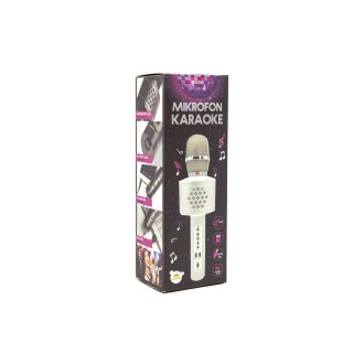 Mikrofon karaoke Bluetooth stříbrný na baterie s USB kabelem v krabici 10x28x8,5cm