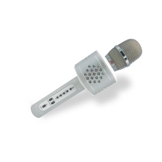 Mikrofon karaoke Bluetooth stříbrný na baterie s USB kabelem v krabici 10x28x8,5cm