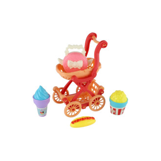 Kočárek mini s doplňky plast 9x13cm 4 barvy na kartě 18x25x6cm