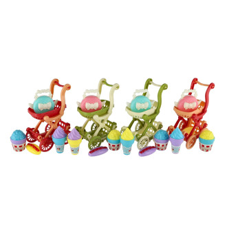 Kočárek mini s doplňky plast 9x13cm 4 barvy na kartě 18x25x6cm