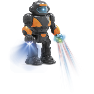 Robot chodící plast 22cm na baterie se světlem se zvukem v krabici 18x24,5x9cm