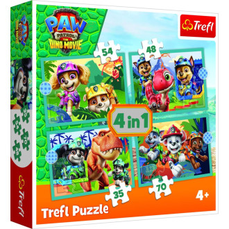 Puzzle 4v1 Tlapková patrola/Paw Patrol Dino Movie: Příběhy z ostrova dinosaurů v krabici 28x28x6cm
