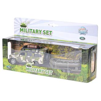 Kids Globe Land Rover s přívěsem a lodí v krabičce, 27cm