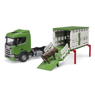 Bruder 3548 Přepravník zvířat Scania Super 560R s figurkou krávy