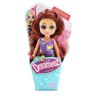 Dreameez mini panenka v kornoutku, brunetka s fialovými šaty