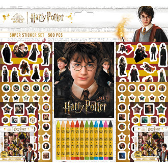 Samolepkový set 500ks Harry Potter s blokem a voskovkami 12ks v sáčku