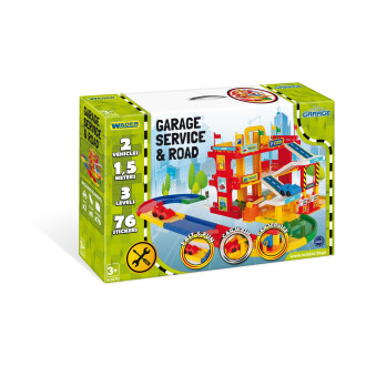 Wader Garáž servis 3 patra, dráha 1,5m, 2 auta plast v krabici 59x40x15cm