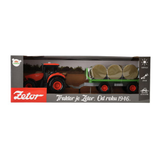 Traktor Zetor s vlekem a balíky, setrvačník, zvukové a světelné efekty, 36 cm
