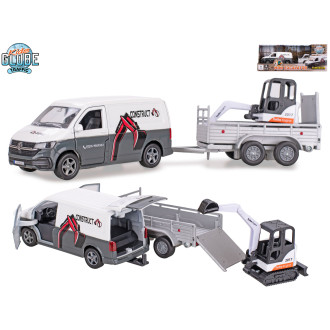 Kids Globe Traffic VW Transporter s přívěsem a minibagrem na zpětný chod, 27cm