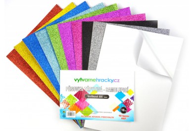 Třpytivá pěnovka samolepící - mix barev 10 ks, A4