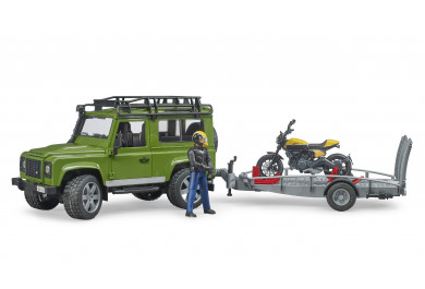 Bruder 2589 Land Rover Defender, přepravník, figurka, motocykl