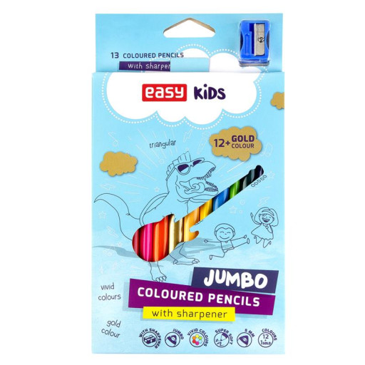 Easy Colour JUMBO Dřevěné pastelky trojhranné s ořezávátkem, 13 barev