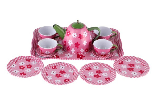 Dětská čajová sada růžová s květy, 14ks plech, 25x17x11 cm