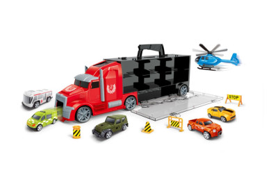 Kamion velký, hasiči přenosný s auty a vymršťovací dráhou