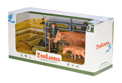 Zoolandia Hnědá kráva s telátkem a doplňky, Sedlák s křovinořezem
