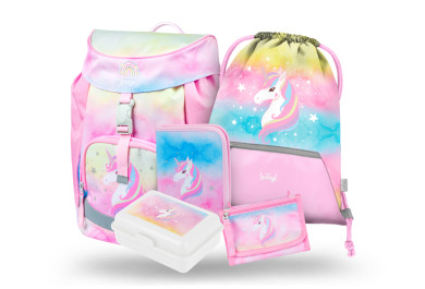 BAAGL SET 5 Airy Rainbow Unicorn: batoh, penál, sáček, peněženka, box