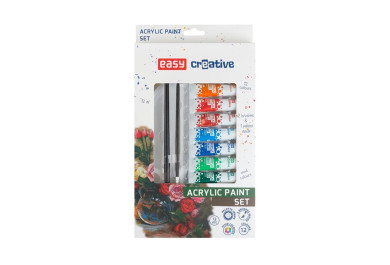 Easy Akrylové barvy 12ml, set 12 barev, 2 štětce a paleta