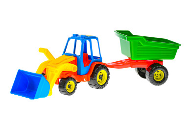 Traktor nakladač s vlečkou 51cm volný chod 3barvy v síťce