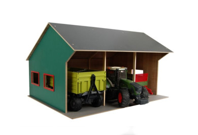 Kids Globe Farming Garáž dřevěná 1:16 pro 3 traktory, 55,5x75x43,5cm