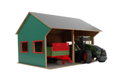 Kids Globe Farming Dřevěná garáž pro 2 traktory 1:16, 44x53x37cm