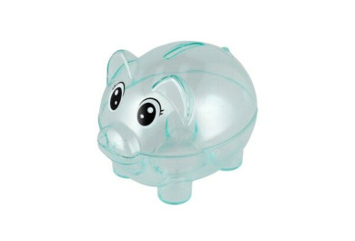 Průhledná plastová pokladnička prasátko modré, 11x9cm