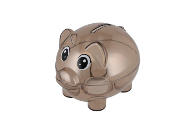 Průhledná plastová pokladnička prasátko hnědé, 11x9cm