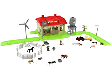 Plastová stodola se zvířaty a bohatým příslušenstvím, 48x31x9cm
