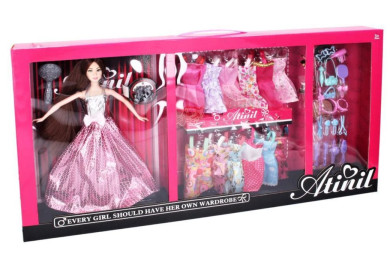 Módní butik, panenka bruneta s šatníkem, 30cm