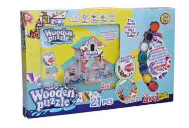 Puzzle 3D dřevěný domeček s barvami 
