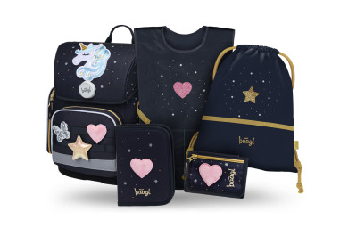 BAAGL SET 5 Ergo Unicorn Gold: aktovka, penál, sáček, zástěra, peněženka