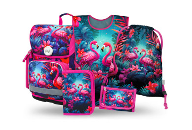 BAAGL SET 5 Ergo Plameňáci: aktovka, penál, sáček, zástěra, peněženka