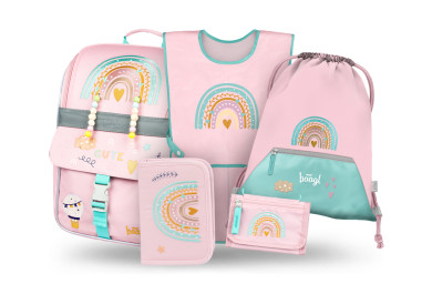 BAAGL SET 5 Zippy Duha růžový: aktovka, penál, sáček, zástěra, peněženka