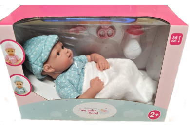 Miminko v modrém oblečení s doplňky, 32cm