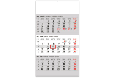 NOTIQUE Nástěnný kalendář 3měsíční standard šedý – s českými jmény 2027, 29,5 x 43 cm