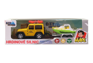 Made Terénní auto s přívěsem a lodí, 21 cm