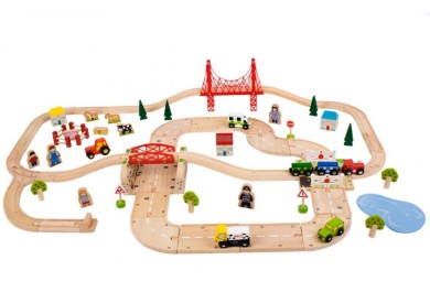 Bigjigs Rail dřevěná vláčkodráha s venkovskou cestou - 80 dílů